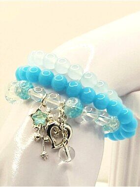 Blue Bracelet Stack, Y2K Heart Charm Bracelet, Layered Beaded Bracelet Set